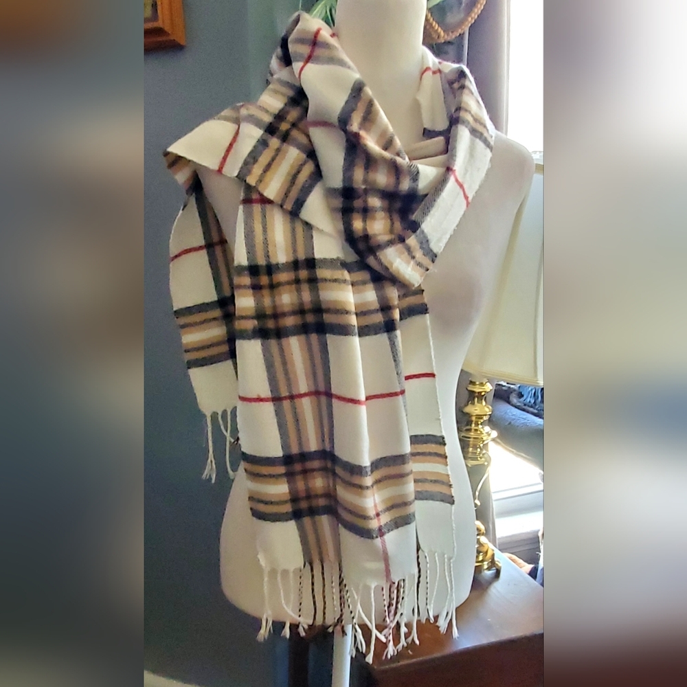 Classic Plaid Ivory and Tan Scarf Wrap